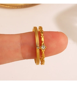 Detail of 18K gold plated ring set with dot texture and sparkling cubic zirconia stone