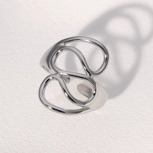Minimalist silver stainless steel open ring with abstract hollow swirl design