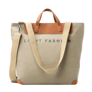 Retro canvas tote bag in beige with brown leather handles and Light Fashion print