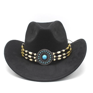 Chapeau de cowboy western noir en suédine avec bandeau perlé et ornement ethnique turquoise