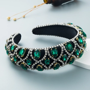 Baroque padded headband with green emerald crystals and silver rhinestones in trellis design