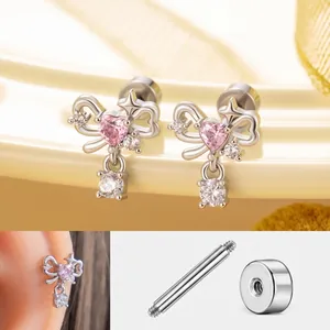 Cute Bow Pink Heart Cubic Zirconia Earrings With Titanium Steel Screw Back Post Cartilage Stud For Women And Girls