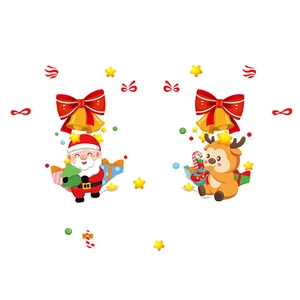 Christmas window decals with Santa Claus, reindeer, golden bells and festive stars