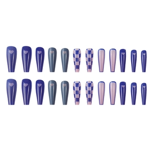 Klein blue checkerboard and heart press-on nails in long coffin shape set of 24