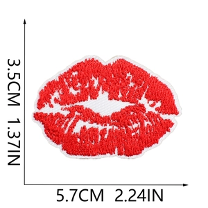Detailed size view of red lip embroidered patch with 5.7cm width and 3.5cm height
