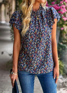 Close-up of blue floral print top with halter neck and ruffled sleeve details