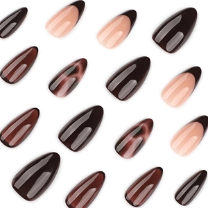 Tortoiseshell almond press-on nails with brown cat eye and French tip designs
