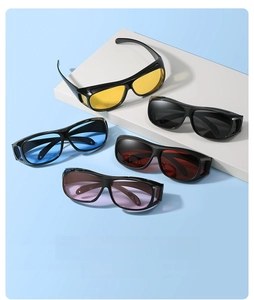 Five assorted polarized lens colors for sports sunglasses on a white stepped display