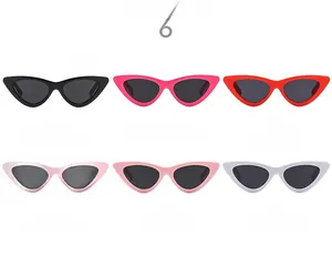 Flat lay showing six colors of trendy cat-eye triangle sunglasses for children