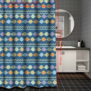 Detailed size view of blue shower curtain with colorful cartoon fish pattern 90x180cm