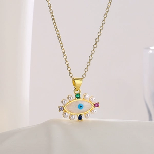 18K gold plated necklace with evil eye pendant featuring white enamel and colorful gems