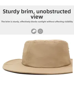 Detail of a khaki outdoor sun hat with a stiff wide brim and breathable metal eyelets