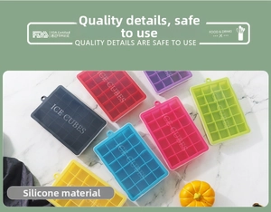 Macro detail of multi-color silicone ice cube trays with flexible square compartments