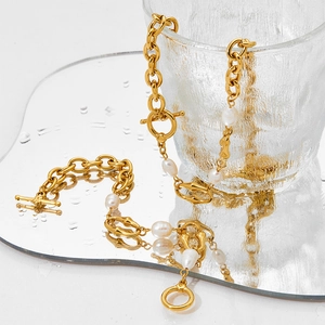 Elegant gold link chain necklace and bracelet set with pearls and T-bar toggle clasp