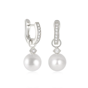 Elegant S925 sterling silver huggie earrings with round white pearls and pavé diamonds