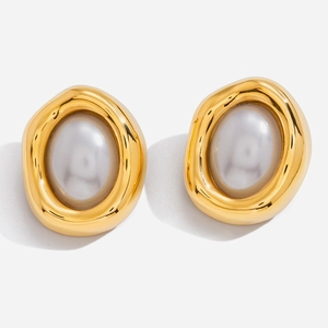 French Vintage Irregular Lava Stainless Steel Artificial Pearl Stud Earrings Gold Oval Faux Artificial Pearl Earrings For Women High End Jewelry