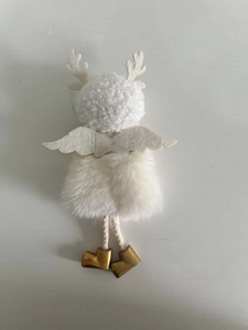 Detail of handmade white Christmas angel ornament featuring felt antlers and golden boots