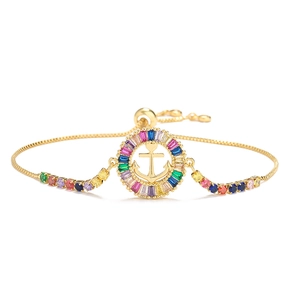 Rainbow baguette zircon anchor bracelet in 18K gold plated finish with adjustable chain