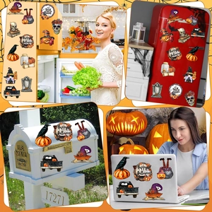 Halloween gnome magnets displayed on refrigerator, mailbox and laptop surfaces