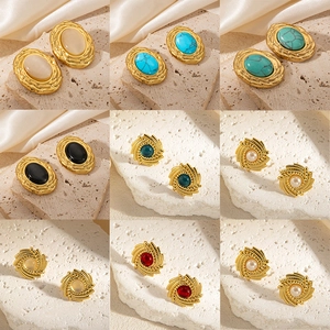 Stainless Steel Stud Earrings Gold Plated Spiral Texture Vintage Faux Turquoise Artificial Pearl Gemstone Jewelry For Women