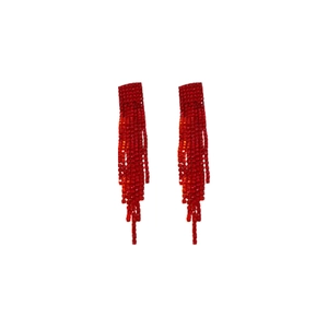 Sparkling red tassel earrings with crystal rhinestones and silver needles on white background