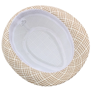 Detail view of woven paper fedora interior with white sweatband and size 58 label
