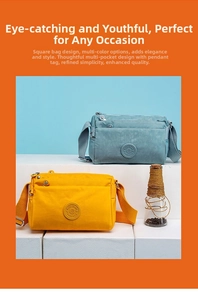 Detail of multi-pocket nylon crossbody bags with adjustable straps and layered zippers