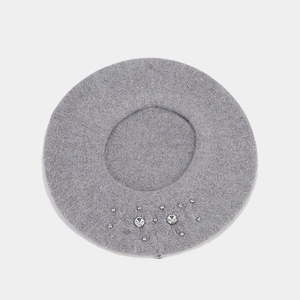 Grey rabbit fur blend beret for women with sparkling rhinestone flower embellishments