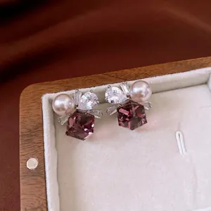 Elegant silver square purple crystal and pearl earrings with zircon accents on satin