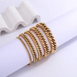 Hip hop style gold plated stainless steel Cuban chain bracelets in five various widths