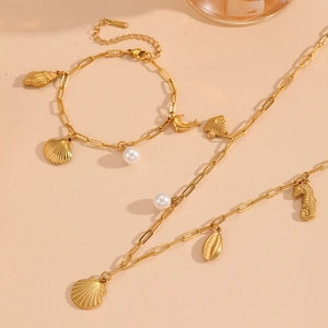 Detailed view of stainless steel ocean charm jewelry set with shells and pearls