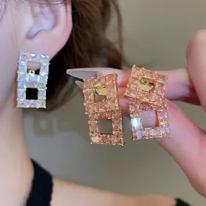Geometric Square Hollow Stud Earrings Copper 18K Gold Plated Zirconia With 925 Sterling Silver Earring Post Elegant