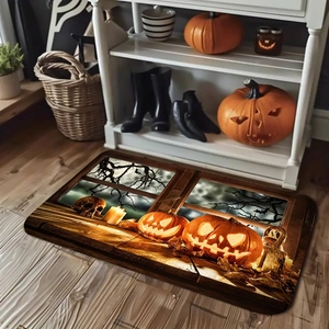Detailed view of Halloween absorbent mat with pumpkin and skull print on wood floor
