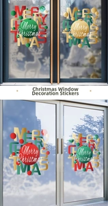 Close-up of static Christmas window stickers featuring colorful ornaments and festive lettering