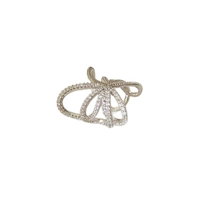 Minimalist silver multi-layer ear cuff with zircon stones in a crossover ribbon design