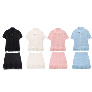 Hollow Out Crochet Lapel Top And Tassel Mini Skirt Women Cotton Polyester Blend Knitted Casual Streetwear Bohemian Vacation