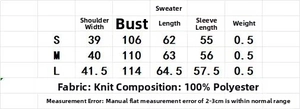 Detailed size chart for knitted sweater featuring shoulder, bust and length measurements