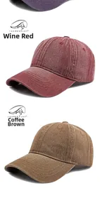 Detail view of washed cotton baseball caps in wine red and coffee brown vintage styles