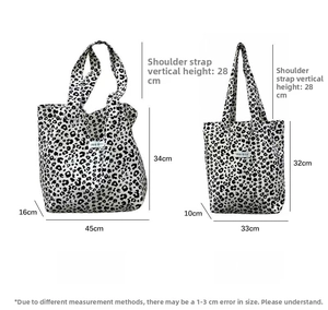Detailed size comparison of leopard print canvas tote bags in large and small dimensions