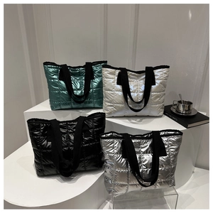Chic quilted puffer tote bag in shiny metallic green silver black and white colors