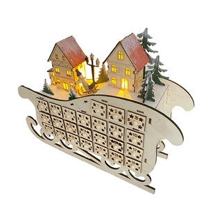Wooden LED Christmas sled advent calendar with 24 drawers and glowing houses