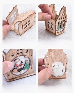 Step-by-step assembly guide for DIY wooden Christmas cabin with LED light and festive prints