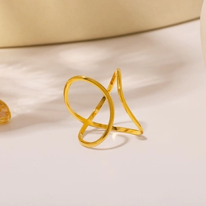 Minimalist double layer geometric gold ring with polished stainless steel finish