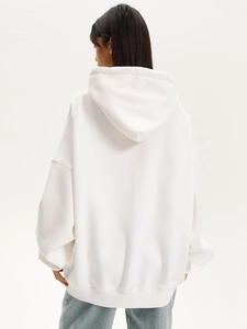 Felpa con cappuccio e zip bianca Y2K oversize con spalle scese e vista posteriore