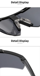 Detail view of anti-slip silicone nose pads and metal hinge on sports sunglasses