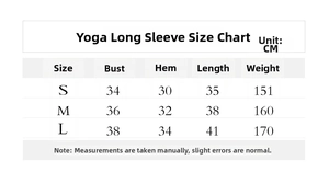 Detailed size chart for women's yoga long sleeve top featuring S, M, and L measurements