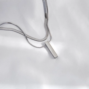 Detailed view of a silver double-layered necklace with snake chain and polished pendant