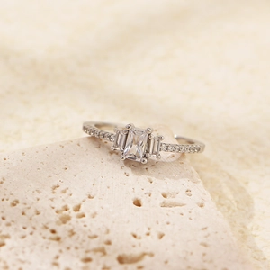 Elegant s925 silver ring featuring rectangle zircon and pave set diamonds for women