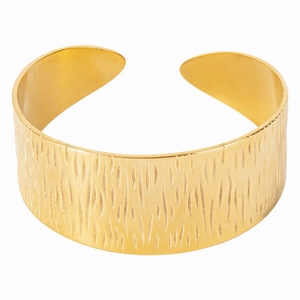 Adjustable golden C-shaped wide bangle with vertical brushed texture in stainless steel