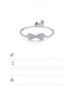 Detailed specs of 925 sterling silver bow ring with pink zircon, weight 0.65g and size 4*10mm